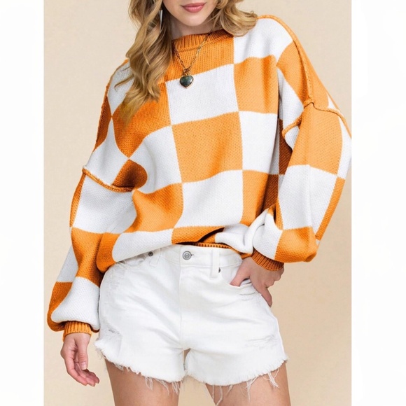 Checkers Orange White Oversized Knit Pullover Sweater - Picture 7 of 13